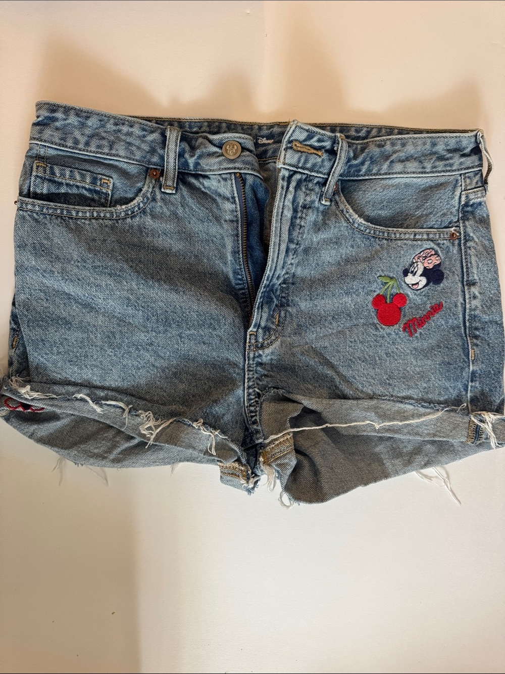 Old Navy Light Blue Denim Minnie & Cherry Embroidered Shorts